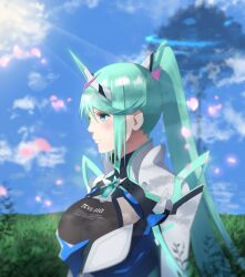 Rule 34 | 1girl, absurdres, armor, blue sky, breasts, core crystal (xenoblade), green eyes, green hair, high ponytail, highres, large breasts, monolith soft, nintendo, pneuma (xenoblade), ponytail, sky, solo, tiara, ty (artist), ty (user ufrh2572), world tree (xenoblade), writing on chest, xenoblade chronicles (series), xenoblade chronicles 2