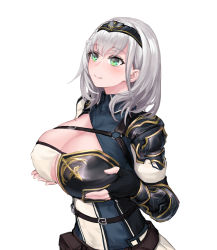 Rule 34 | 1girl, armor, armored dress, bad id, bad pixiv id, belt, belt pouch, black gloves, blush, braid, breasts, brown belt, chest guard, cleavage, cleavage cutout, closed mouth, clothing cutout, collared dress, commentary request, covered erect nipples, dress, fingerless gloves, french braid, gloves, green eyes, highres, hololive, huge breasts, large breasts, looking up, medium hair, mole, mole on breast, paizuri invitation, pauldrons, pouch, shirogane noel, shirogane noel (1st costume), shoulder armor, simple background, single pauldron, solo, upper body, virtual youtuber, wavy hair, white background, white hair, yeklsa
