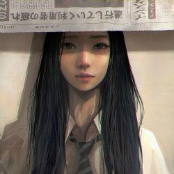 Rule 34 | 1girl, black hair, blouse, chromatic aberration, collared shirt, commentary request, dress shirt, eyebrows, female focus, lips, long hair, looking at viewer, necktie, newspaper, nose, original, parted lips, realistic, school uniform, shaded face, shirt, solo, translation request, uniform, upper body, wataboku, white shirt, wing collar