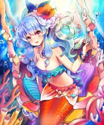 Rule 34 | 1girl, bad id, bad pixiv id, bandeau, bare shoulders, blue hair, blush, bracelet, breasts, bubble, cleavage, coral, cushion, flower, frills, hair flower, hair ornament, hair ribbon, jewelry, linus falco, long hair, lots of jewelry, mermaid, midriff, monster girl, nail polish, navel, necklace, parfait (ryunghu), parted lips, red eyes, ribbon, shell, shirt, sidelocks, sitting, smile, solo, sparkle, star (symbol), sword girls, underwater, very long hair, water