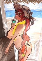 Rule 34 | 1girl, ass, beach, bikini, black bikini, blush, breasts, food, from side, hat, highres, ice cream, large breasts, looking at viewer, open mouth, outdoors, red hair, sand, sun hat, sunglasses, swimsuit, tan, towel, towel around neck, water, wet, zerogura