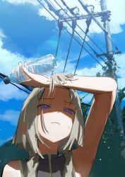 Rule 34 | 1girl, absurdres, arm up, bottle, closed mouth, cloud, day, grey hair, grey shirt, highres, holding, hot, logknn, non porn, original, outdoors, power lines, purple eyes, shaded face, shading eyes, shirt, short hair with long locks, sketch, sky, sleeveless, sleeveless shirt, solo, sweat, upper body, utility pole, water bottle