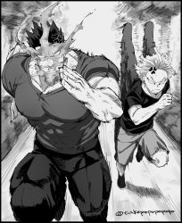 Rule 34 | 2boys, alternate costume, anger vein, boku no hero academia, couple, covered abs, endeavor (boku no hero academia), facial hair, feathered wings, full body, greyscale, hawks (boku no hero academia), highres, large pectorals, male focus, mature male, monochrome, multiple boys, muscular, muscular male, pectorals, popo take, running, scar, scar across eye, scar on face, shirt, short hair, sideburns, spiked hair, stubble, tight clothes, tight shirt, veins, wings