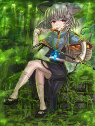 Rule 34 | 1girl, animal ears, basket, capelet, cheese, eating, female focus, food, graphite (medium), grey hair, highres, jewelry, long sleeves, mary janes, mixed media, mouse ears, mouse tail, nazrin, panzer (p.z), pendant, red eyes, shoes, short hair, sitting, solo, tail, touhou, traditional media