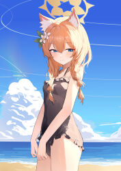 Rule 34 | 1girl, absurdres, animal ear fluff, bare shoulders, black one-piece swimsuit, blue archive, blue eyes, blue sky, braid, breasts, closed mouth, cloud, collarbone, covered navel, cowboy shot, day, flower, hair flower, hair ornament, halo, highres, horizon, long hair, looking down, mari (blue archive), ocean, one-piece swimsuit, orange hair, outdoors, sky, small breasts, smile, solo, split mouth, swimsuit, twin braids, white flower, yuku~