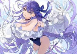 Rule 34 | 1girl, absurdres, air bubble, bare shoulders, blue choker, blue eyes, blue one-piece swimsuit, blue ribbon, breasts, bubble, choker, collarbone, covered navel, fate/grand order, fate (series), frills, hair ribbon, highleg, highleg swimsuit, highres, huge filesize, long hair, looking at viewer, meltryllis, meltryllis (fate), meltryllis (swimsuit lancer) (fate), meltryllis (swimsuit lancer) (second ascension) (fate), off-shoulder one-piece swimsuit, off shoulder, one-piece swimsuit, parted lips, puffy sleeves, purple hair, ribbon, shiroi sora, sleeves past fingers, sleeves past wrists, small breasts, smile, solo, swimsuit, thighs, very long hair