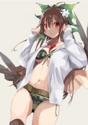 Rule 34 | 1girl, :o, belt, bikini, bow, breasts, brown hair, camouflage, camouflage bikini, commentary request, flower, green bow, hair between eyes, hair bow, hair flower, hair ornament, hands up, highres, hood, hoodie, long sleeves, looking at viewer, navel, open clothes, open hoodie, red eyes, reiuji utsuho, small breasts, solo, solo focus, stomach, swimsuit, tetsurou (fe+), touhou, white background, white flower