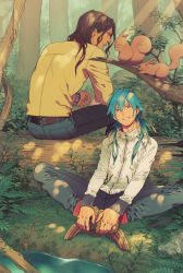 Rule 34 | 10s, 2boys, absurdres, alternate costume, alternate hairstyle, blue hair, brown hair, dramatical murder, feather hair ornament, feathers, forest, feather hair ornament, highres, honya lala, crossed legs, log, mink (dramatical murder), multiple boys, nature, official art, scan, seragaki aoba, sitting, smile, squirrel, tree