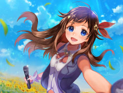 Rule 34 | 1girl, akooyama, blue eyes, blue sky, brown hair, flower, hair blowing, hair ornament, highres, hololive, long hair, looking at viewer, microphone, open mouth, outdoors, sky, smile, solo, star (symbol), star hair ornament, sunflower, tokino sora, tokino sora (1st costume), upper body, vest, virtual youtuber, watermark, web address