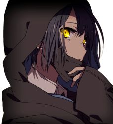 Rule 34 | 1girl, bad id, bad pixiv id, black hair, collared shirt, commentary request, from side, hiiragi fuyuki, hood, hood up, long sleeves, looking at viewer, mask, mouth mask, original, parted lips, shirt, short hair, simple background, sleeves past wrists, solo, upper body, white background, wing collar, yellow eyes