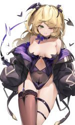 Rule 34 | 1girl, absurdres, bare shoulders, belt collar, berserker r, black choker, black jacket, blonde hair, blush, bow, breasts, breasts apart, brown thighhighs, choker, clothing cutout, collar, covered navel, cowboy shot, fischl (genshin impact), genshin impact, green eyes, hair ribbon, heart, highleg, highleg leotard, highres, jacket, leotard, long hair, long sleeves, looking at viewer, medium breasts, off shoulder, one eye closed, purple bow, ribbon, single thighhigh, sleeves past wrists, smile, solo, strapless, strapless leotard, thigh gap, thigh strap, thighhighs, thighs, two-tone leotard, two side up