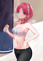 Rule 34 | 1girl, absurdres, arknights, bare arms, bare shoulders, black pants, blue eyes, blue poison (arknights), blue poison (shoal beat) (arknights), blush, bottle, braid, breasts, camisole, choker, cleavage, commentary, cowboy shot, crop top, earrings, groin, hairband, highres, holding, holding bottle, jewelry, leggings, looking at viewer, medium breasts, midriff, navel, official alternate costume, pants, pink choker, pink hair, short hair, solo, spaghetti strap, sports bra, standing, stomach, to naive, twin braids