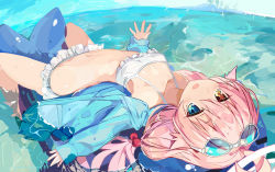 Rule 34 | 1girl, ahoge, bikini, blue-tinted eyewear, blue archive, blue eyes, blue jacket, eyewear on head, frilled bikini, frills, hair bobbles, hair ornament, halo, heterochromia, highres, hoshino (blue archive), hoshino (swimsuit) (blue archive), inflatable toy, inflatable whale, jacket, long hair, long sleeves, looking at viewer, low twintails, lying, miyakawa106, navel, official alternate costume, on back, open clothes, open jacket, open mouth, pink hair, smile, solo, stomach, sunglasses, swimsuit, tinted eyewear, twintails, very long hair, white-framed eyewear, white bikini, yellow eyes