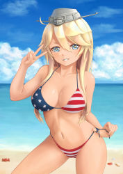 Rule 34 | 10s, 1girl, ahoge, american flag bikini, anidante, animal, beach, bikini, blonde hair, blue eyes, blue sky, breasts, cleavage, collarbone, crab, day, flag print, grey hat, hair between eyes, hand gesture, hat, horizon, iowa (kancolle), kantai collection, looking at viewer, medium breasts, outdoors, parted lips, sand, seashell, shell, shore, sky, smile, solo, standing, star-shaped pupils, star (symbol), star print, striped, summer, swimsuit, symbol-shaped pupils, tan, teeth, thighs, v over eye, water