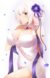 Rule 34 | 1girl, alternate costume, arm behind back, azur lane, bare shoulders, blue gemstone, blush, breasts, cleavage, dress, eyelashes, flower, gem, gradient background, grey background, hair between eyes, hair flower, hair ornament, hair ribbon, halter dress, halterneck, hand on own chest, hand up, highres, itete, large breasts, leg up, looking at viewer, parted lips, petals, pink flower, pink rose, profile, purple flower, purple gemstone, purple ribbon, red eyes, ribbon, rose, short hair, sirius (azur lane), sirius (white rose) (azur lane), sleeveless, sleeveless dress, solo, thighs, white background, white dress, white hair