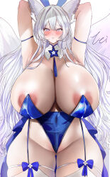 1girl absurdres animal_ears areola_slip armpits arms_behind_head azur_lane blush breasts covered_navel cowboy_shot curvy detached_collar fake_animal_ears fox_ears fox_girl fox_tail gluteal_fold groin hairband highres huge_breasts kitsune kyuubi leier_whb leotard long_hair looking_at_viewer multiple_tails official_alternate_costume parted_lips playboy_bunny purple_eyes rabbit_ears shinano_(azur_lane) shinano_(visions_of_fantasy)_(azur_lane) sidelocks signature solo standing tail thick_thighs thighhighs thighs very_long_hair white_hair wide_hips