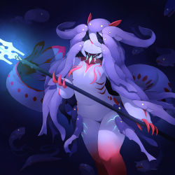 Rule 34 | 1girl, bioluminescence, breasts, claws, colored skin, female focus, gills, glowing, hair over eyes, highres, holding, holding spear, holding weapon, kamukamu6392, monster girl, navel, nude, original, polearm, purple skin, small breasts, solo, spear, tail, tentacle hair, underwater, weapon