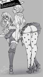Rule 34 | 1futa, 1girl, anal, breasts, clothed sex, clothes, clothes grab, clothes lift, english text, erection, futa with female, futanari, glasses, grabbing, grabbing from behind, headphones, high heels, highres, large penis, long hair, medium breasts, monochrome, multiple girls, nenerhea, okumura haru, open clothes, penis, persona, persona 5, sakura futaba, sex, sex from behind, speech bubble, thighhighs