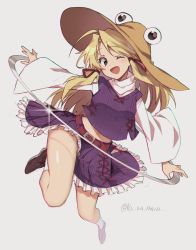Rule 34 | 1girl, ;d, ahoge, artist name, bad id, bad twitter id, belt, blonde hair, blush, brown hat, commentary request, cross-laced clothes, full body, glint, hair ribbon, hat, highres, jewelry, kamenozoki momomo, long hair, long sleeves, looking at viewer, midriff, moriya suwako, navel, one eye closed, open mouth, parted bangs, petticoat, purple eyes, purple skirt, purple vest, red ribbon, ribbon, ring, sidelocks, simple background, skirt, smile, solo, touhou, vest, white background, wide sleeves