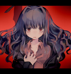 Rule 34 | 1girl, bandana obito, black jacket, blue hair, breasts, collared shirt, curly hair, hair intakes, hand on own chest, highres, jacket, long hair, long sleeves, looking at viewer, no nose, open clothes, open collar, open jacket, open mouth, original, red background, red eyes, red shirt, sanpaku, shirt, small breasts, solo, usagi nui