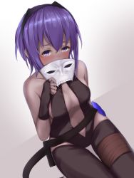 Rule 34 | 1girl, arm at side, bare shoulders, black gloves, black legwear, breasts, covering own mouth, dark-skinned female, dark skin, embarrassed, fate/grand order, fate/prototype, fate/prototype: fragments of blue and silver, fate (series), from above, gloves, hairband, hassan of serenity (fate), highres, looking at viewer, maosame, medium breasts, navel, purple eyes, purple hair, short hair, sideboob, sitting, skindentation, solo, thighs