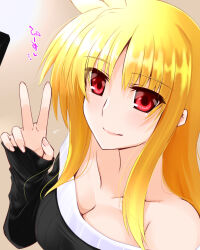 Rule 34 | 1girl, black sweater, blonde hair, breasts, cleavage, closed mouth, collarbone, engo (aquawatery), fate testarossa, hair between eyes, highres, long hair, long sleeves, lyrical nanoha, mahou shoujo lyrical nanoha strikers, medium breasts, off-shoulder sweater, off shoulder, red eyes, sleeves past wrists, smile, solo, straight hair, sweater, upper body, v