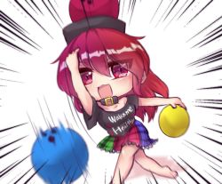 Rule 34 | 1girl, anime girl throwing things (meme), ball, barefoot, black choker, black shirt, blush, bowling ball, breasts, choker, cleavage, clothes writing, collarbone, commentary request, emphasis lines, english text, frilled skirt, frills, hecatia lapislazuli, large breasts, looking at viewer, medium hair, meme, multicolored clothes, multicolored skirt, off-shoulder shirt, off shoulder, open mouth, red eyes, red hair, shirt, simple background, skirt, solo, t-shirt, touhou, unime seaflower, white background