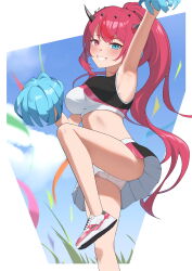 1girl absurdres arm_up armpits black_skirt blue_eyes blush breasts cheerleader crop_top halo heterochromia highres holding holding_pom_poms hololive hololive_english horns irys_(hololive) long_hair looking_at_viewer medium_breasts multicolored_hair pom_pom_(cheerleading) pom_poms ponytail red_eyes red_hair shift_(shiftillust) shoes skirt smile sneakers solo star_halo two-tone_hair two-tone_skirt very_long_hair virtual_youtuber white_footwear white_skirt