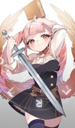 Rule 34 | 1girl, arm up, belt, book, breasts, closed mouth, feathered wings, female focus, fire emblem, fire emblem: three houses, friedbirdchips, garreg mach monastery uniform, gradient background, highres, hilda valentine goneril, holding, holding book, holding sword, holding weapon, large breasts, long hair, magic circle, matching hair/eyes, nintendo, pink eyes, pink hair, simple background, skindentation, solo, sword, thighhighs, thighs, twintails, uniform, weapon, wings, zettai ryouiki