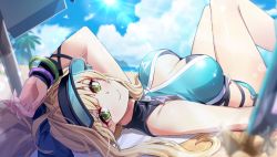 Rule 34 | 1girl, ahoge, bare shoulders, blonde hair, blue sky, bracelet, breasts, closed mouth, cloud, cloudy sky, day, female focus, grand chase, green eyes, highres, jewelry, large breasts, lire eryuell, long hair, looking at viewer, ocean, official art, outdoors, sky, smile, solo, sunlight, swimsuit, thighs, visor cap