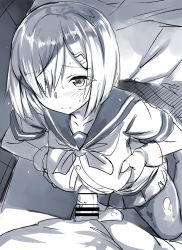 Rule 34 | 10s, 1girl, bad id, bad pixiv id, bar censor, belko, blue theme, blush, grabbing another&#039;s breast, breasts squeezed together, breasts, censored, collarbone, eyelashes, gloves, grabbing, hair over one eye, hamakaze (kancolle), huge breasts, kantai collection, looking up, miniskirt, monochrome, original, paizuri, paizuri under clothes, pantyhose, penis, perpendicular paizuri, pleated skirt, sailor collar, short hair, skirt, testicles, torn clothes, torn legwear