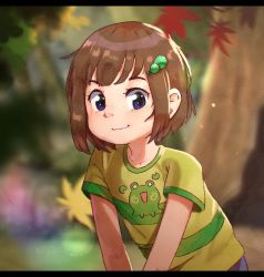 Rule 34 | 1girl, animal print, blue eyes, brown hair, child, female focus, freckles, frog, frog print, green hair ornament, green shirt, indie virtual youtuber, kyuurinori, lily hopkins, outdoors, shirt, short hair, smile, solo, striped clothes, striped shirt, t-shirt, tagme, upper body, yellow shirt