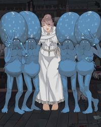 Rule 34 | 1girl, 4others, arm around shoulder, barefoot, bloodborne, blue skin, brown hair, celestial emissary, cloak, colored skin, giganticbuddha, glowing, glowing eyes, highres, iosefka, leaning forward, multiple others, open mouth, side-by-side, small celestial emissary, smile, v
