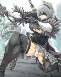 Rule 34 | 1girl, absurdres, android, black dress, black thighhighs, blindfold, boots, breasts, dress, feather-trimmed sleeves, hairband, high heel boots, high heels, highres, jin-jin, large breasts, leotard, muscular, muscular female, nier (series), nier:automata, panties, pantyshot, puffy sleeves, short hair, silver hair, solo, sword, thick thighs, thigh boots, thighhighs, thighs, underwear, weapon, weapon on back, 2b (nier:automata)
