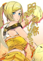 Rule 34 | 1girl, ashiomi masato, bare shoulders, blonde hair, blue eyes, cheerleader, groin, guilty gear, guilty gear xrd, looking back, millia rage, navel, pom pom (cheerleading), ponytail, signature, skirt, solo, translation request