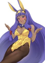 Rule 34 | 1girl, animal ears, bare shoulders, blue hair, blush, breasts, choker, cleavage, dark skin, earrings, fate/grand order, fate (series), hair ornament, hair tubes, hairband, jewelry, long hair, necktie, nitocris (fate), open mouth, pantyhose, playboy bunny, purple eyes, tattoo, very long hair