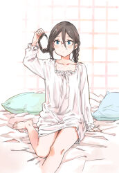 1girl amano_shin barefoot black_hair blue_eyes bow braid commentary expressionless glasses grid_background hibike!_euphonium highres holding holding_own_hair long_hair on_bed pajamas pillow red-framed_eyewear tanaka_asuka twin_braids