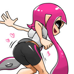 Rule 34 | 1girl, :d, ass, bike shorts, closed eyes, commentary, fang, inkling, inkling girl, inkling player character, kneepits, long hair, ninniku (ninnniku105), nintendo, open mouth, pink hair, pointy ears, shirt, smile, solo, splatoon (series), t-shirt, tentacle hair, white background