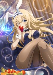 Rule 34 | 1girl, absurdres, arm support, blonde hair, blue eyes, blush, bow, breasts, cecilia alcott, cleavage, crossed legs, drill hair, food, fruit, hair bow, highres, infinite stratos, large breasts, legs, leotard, long hair, looking at viewer, one eye closed, open mouth, rabbit ears, sitting, smile, solo, thighs, wink