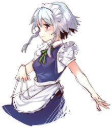 Rule 34 | 1girl, blush, braid, breasts, chinese commentary, closed mouth, commentary request, dress, ejami, izayoi sakuya, maid, maid headdress, medium breasts, medium hair, red eyes, silver hair, simple background, smile, solo, touhou, twin braids, white background