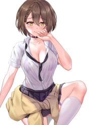 Rule 34 | 1girl, absurdres, azur lane, baltimore (after-school ace) (azur lane), baltimore (azur lane), beige cardigan, bikini, black choker, black necktie, black skirt, blush, braid, breasts, brown hair, cardigan, cardigan around waist, chinese commentary, choker, cleavage, closed mouth, clothes around waist, collarbone, collared shirt, commentary request, cowboy shot, french braid, hair between eyes, hand up, highres, kneehighs, large breasts, looking at viewer, loose necktie, mixed-language commentary, necktie, official alternate costume, partially unbuttoned, pleated skirt, purple bikini, school uniform, see-through, shenqi (toid310), shirt, short hair, short sleeves, sidelocks, simple background, sitting, skirt, smile, socks, solo, sweat, swimsuit, thigh strap, wet, wet clothes, white background, white shirt, white socks, yellow eyes
