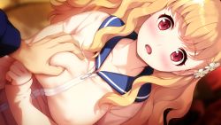 Rule 34 | 1boy, 1girl, blonde hair, blush, grabbing another&#039;s breast, breasts, collarbone, embarrassed, eyebrows, flower, game cg, grabbing, groping, hair flower, hair ornament, hamashima shigeo, large breasts, long hair, long sleeves, looking at viewer, momozono moka, open mouth, original, parted lips, pov, red eyes, school uniform, shinsou noise: jushin tantei no jikenbo, solo focus, standing, surprised, tears, upper body, zipper