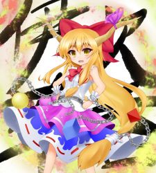 Rule 34 | 1girl, belt, bow, chain, cube, cuffs, fang, gradient background, hair bow, hands on own hips, horn ornament, horn ribbon, horns, ibuki suika, layered skirt, long hair, looking at viewer, low-tied long hair, open mouth, orange hair, orb, pyramid (geometry), ribbon, shackles, shirt, sidelocks, skirt, sleeveless, sleeveless shirt, solo, touhou, wrist cuffs, yellow eyes, ymd (holudoun)