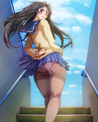 Rule 34 | 1girl, ass, bad id, bad pixiv id, black hair, blush, brown eyes, brown hair, cloud, day, embarrassed, fishnet pantyhose, fishnets, from behind, frown, jura, kneepits, long hair, looking back, original, outdoors, panties, panties under pantyhose, pantyhose, pantyshot, pleated skirt, school uniform, serafuku, skirt, sky, solo, stairs, striped clothes, striped panties, sweater, thighband pantyhose, thighs, underwear, upskirt
