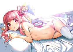 Rule 34 | 1girl, ajishio, breasts, hair ornament, hair ribbon, kotonoha akane, long hair, looking at viewer, lying, navel, on side, open mouth, pillow, pink eyes, pink hair, ribbon, skindentation, small breasts, solo, thighhighs, underwear, underwear only, very long hair, vocaloid, voiceroid, white thighhighs