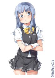 Rule 34 | 1girl, ascot, black skirt, black vest, blouse, blue hair, blush, bow, bowtie, closed mouth, ebifurya, gloves, hatsukaze (kancolle), highres, kantai collection, looking at viewer, miniskirt, one-hour drawing challenge, shirt, simple background, skirt, solo, vest, white background, white gloves, white hair, white shirt, yellow bow