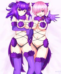 Rule 34 | 2girls, absurdres, animal ears, asymmetrical docking, blush, breast press, breasts, commentary, commission, cosplay, elbow gloves, fate/grand order, fate/stay night, fate (series), female focus, fur-trimmed gloves, fur-trimmed legwear, fur collar, fur trim, gloves, hair over one eye, hair ribbon, halloween, halloween costume, highres, lace, lace-trimmed legwear, lace trim, large breasts, light purple hair, long hair, looking at viewer, mash kyrielight, mash kyrielight (dangerous beast), mash kyrielight (dangerous beast) (cosplay), matou sakura, multiple girls, o-ring, o-ring top, official alternate costume, purple eyes, purple gloves, purple hair, purple legwear, red ribbon, reiei 8, revealing clothes, ribbon, short hair, smile, symmetrical docking, tail, thighhighs, thighs, wolf ears, wolf girl, wolf tail