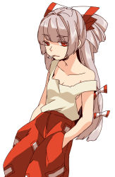 Rule 34 | 1girl, bad id, bad pixiv id, bare shoulders, bow, breasts, cigarette, cleavage, female focus, fujiwara no mokou, hair bow, hands in pockets, karasuma yayoi, light smile, long hair, medium breasts, mouth hold, no bra, red eyes, silver hair, simple background, sketch, solo, strap slip, touhou, very long hair, white background
