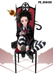 Rule 34 | 00s, 1girl, covering crotch, covering privates, d.gray-man, goth fashion, highres, jack-o&#039;-lantern, patterned legwear, pumpkin, red upholstery, road kamelot, shinozuka jouji, sitting, solo, striped clothes, striped thighhighs, thighhighs, two-tone stripes, white background