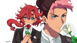 Rule 34 | 1boy, 1girl, anime coloring, artist name, blue eyes, blush, brown hair, closed mouth, emya26, floating hair, flower, formal, guel jeturk, gundam, gundam suisei no majo, holding, holding flower, looking at viewer, low ponytail, mole, mole under eye, no hairband, official alternate costume, official alternate hairstyle, pink hair, red flower, red hair, red rose, rose, smile, suit, suletta mercury, thick eyebrows, tuxedo, white background, white flower, white rose